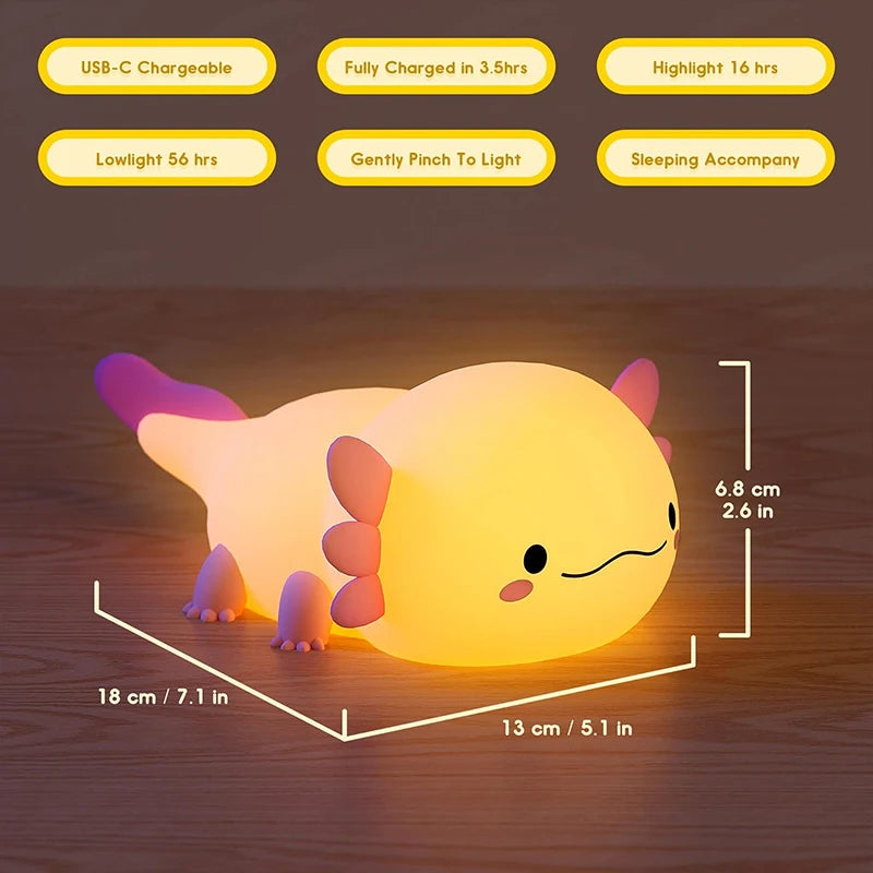 Axolotl Silicone Night Light - Touch Control USB Rechargeable Table Lamp for Nursery and Children's Sleep Aid