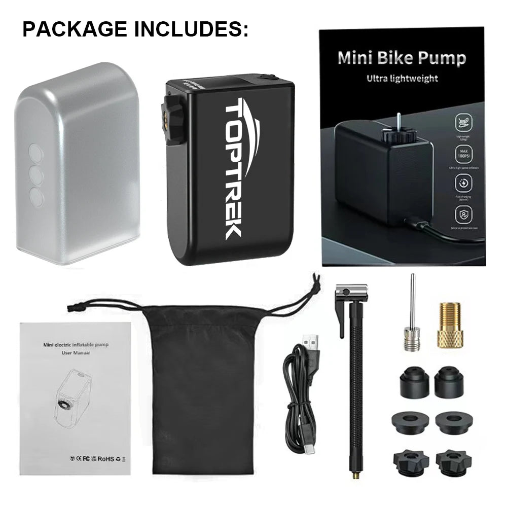 Toptrek 100 PSI Mini Electric Air Pump - Portable 1260mAh Bicycle Inflator for Presta and Schrader Valves - Suitable for Road, MTB, and Motorcycle Tires