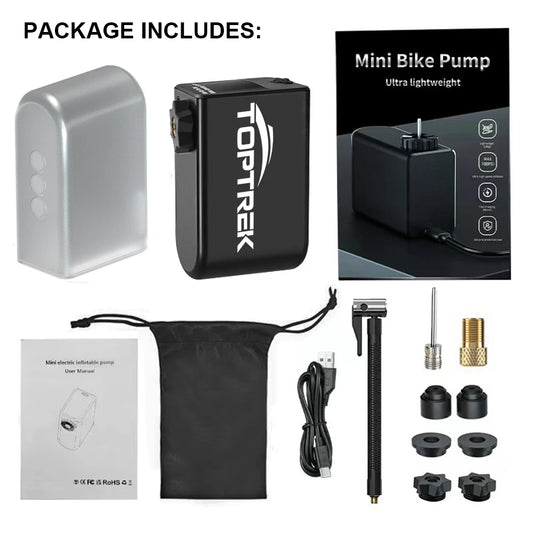 Toptrek 100 PSI Mini Electric Air Pump - Portable 1260mAh Bicycle Inflator for Presta and Schrader Valves - Suitable for Road, MTB, and Motorcycle Tires