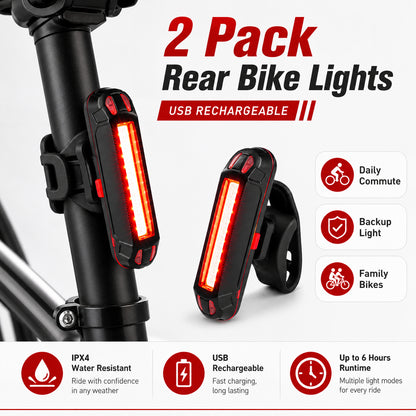USB Rechargeable LED Bicycle Tail Light Set - 2-Pack, IPX5 Water-Resistant with 5 Lighting Modes
