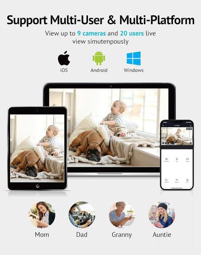 1080P Indoor Security Camera with Sound and Motion Detection, 360° Baby Monitor, WiFi Pet Camera, Two-Way Audio, Night Vision, SD and Cloud Storage, Compatible with Alexa