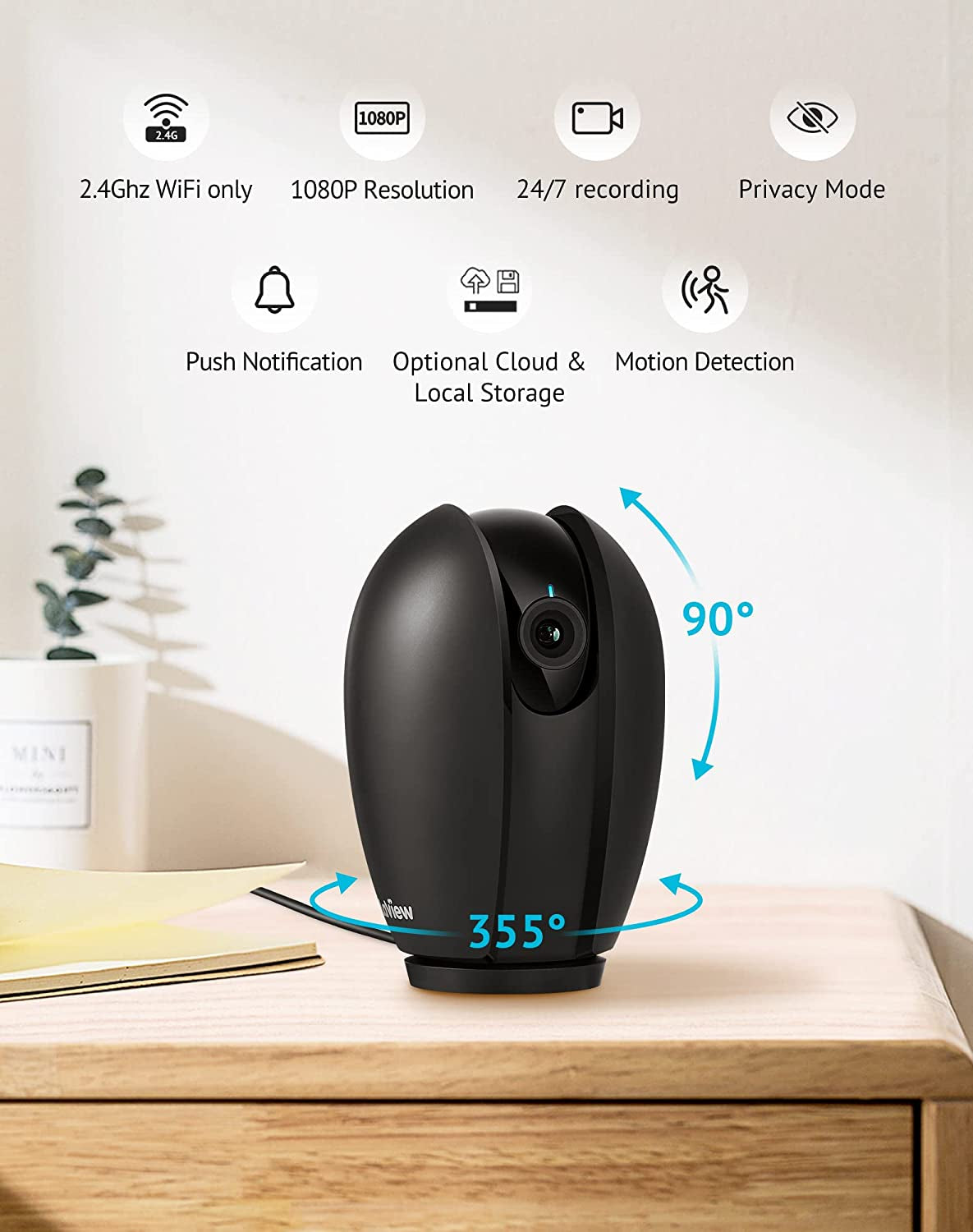 1080P Indoor Security Camera with Sound and Motion Detection, 360° Baby Monitor, WiFi Pet Camera, Two-Way Audio, Night Vision, SD and Cloud Storage, Compatible with Alexa